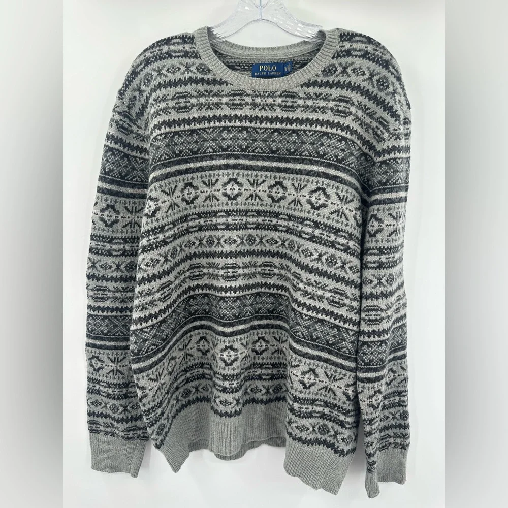 Polo Ralph Lauren Men's Fair Isle Gray Cotton/Cashmere Sweater‎ Size XL